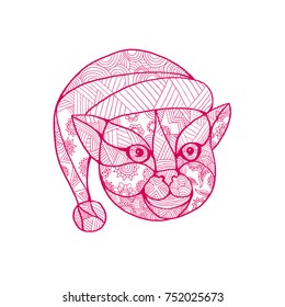 Mandala style illustration of a head of a cat wearing Santa Claus hat viewed from front on isolated background.