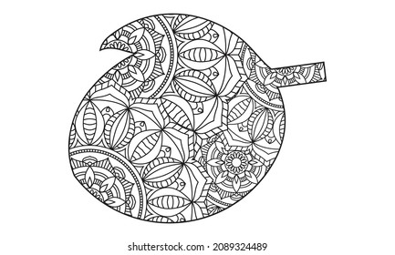 Mandala style illustration of a mango, a juicy tropical stone fruit drupe belonging to the genus Mangifera set on isolated white background with the word text Juicy Mango done in black and white.