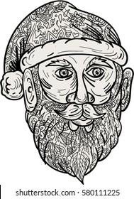 Mandala style illustration of Santa Claus head facing front set on isolated white background. 