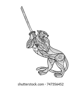 Mandala style illustration of a tiger brandishing katana sword in fighting stance on isolated backgound done in black and white.