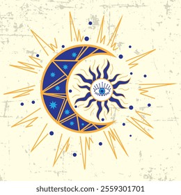 MANDALA STYLE MOON BLUE AND YELLOW EYE SUN AND GRUNGE BACKGROUND