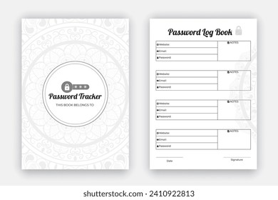 Mandala style password tracker daily planner log book notebook diary layout design template, personal and website data format, black and white paper reminder journal interior