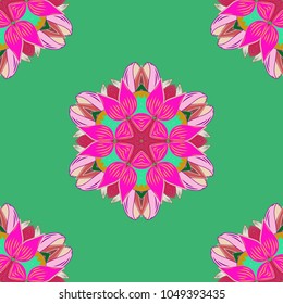 Mandala style. Vector illustration. Colored mandala on neutral, green and magenta colors. Rich ethnic striped seamless pattern geometric design.