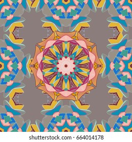 Mandala style. Vector illustration. Colored mandala on background. Rich ethnic striped seamless pattern geometric design.
