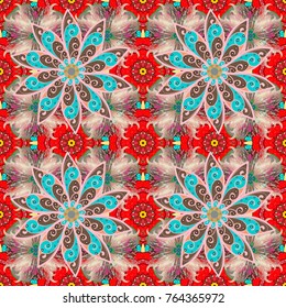 Mandala style. Vector illustration. Colored mandala on neutral, red and brown colors. Rich ethnic striped seamless pattern geometric design.