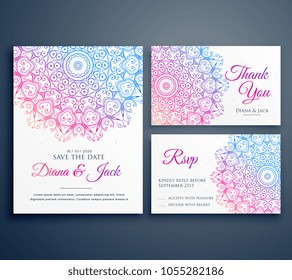 mandala style wedding invitation template with thank you and rsvp cards