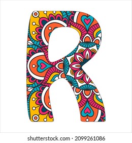 Mandala stylized alphabet, color letters R