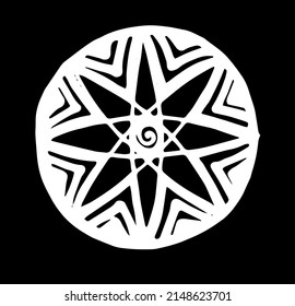 mandala. stylized multipath star in a circle with a triangular pattern, hand-drawn in the style of a sketch with a spiral inside isolated white lines on black for a yoga meditation design template