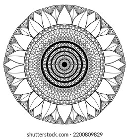 Mandala con adornos de girasol. Elementos de diseño árabes, indios, marroquíes, españoles, turcos, islámicos y chinos. Patrón oriental circular vectorial. Coloreando la página del libro. Aislado sobre fondo blanco.