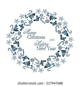 Mandala of sweets, Christmas tree, Christmas sock snowflake for postcard greetings Merry Christmas and Happy New Year. Vector illustration.