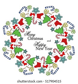 Mandala of sweets, Christmas tree, stocking and snowflake for postcard greetings. Merry Christmas and Happy New Year vector illustration.