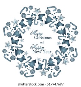 Mandala of sweets, Christmas tree, stocking and snowflake for postcard greetings. Merry Christmas and Happy New Year vector illustration.