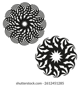 Mandala swirl icons, abstract radial ornaments, black symmetrical pattern.