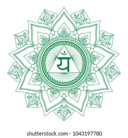 Mandala is the symbol of anahata chakra in the center. Green. Vector