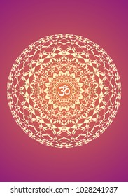 Mandala with the symbol aum on a purple background. Artistic background. Vector symbol graphics .