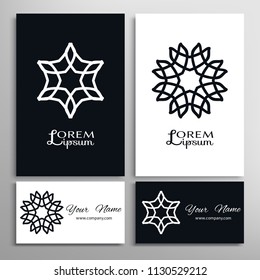 Mandala symbol, floral geometric round ornament. Black and white doodle pattern. Greeting and business cards set. Isolated design elements for logo, icon, label, emblem. Tribal ethnic decoration