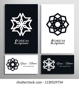 Mandala symbol, floral geometric round ornament. Black and white doodle pattern. Greeting and business cards set. Isolated design elements for logo, icon, label, emblem. Tribal ethnic decoration