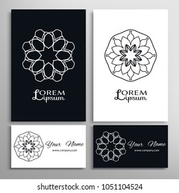  Mandala symbol, floral round ornament. Black and white doodle geometric pattern. Greeting and business cards set. Isolated design elements for logo, icon, label, emblem. Tribal ethnic decoration