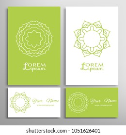 Mandala symbol, floral round ornament. Colorful and white doodle geometric pattern. Greeting and business cards set. Isolated design elements for logo, icon, label, emblem. Tribal ethnic decoration
