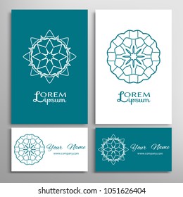 Mandala symbol, floral round ornament. Colorful and white doodle geometric pattern. Greeting and business cards set. Isolated design elements for logo, icon, label, emblem. Tribal ethnic decoration