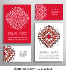 Mandala symbol, floral round ornament. Colorful and white doodle geometric pattern. Greeting and business cards set. Isolated design elements for logo, icon, label, emblem. Tribal ethnic decoration