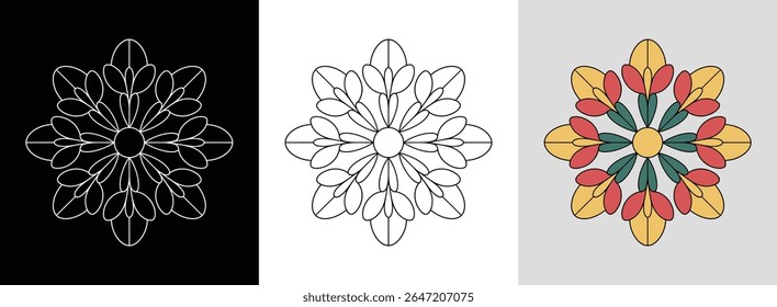 Mandala with symmetrical daffodil petals and vibrant geometric accents for vibrant decor.