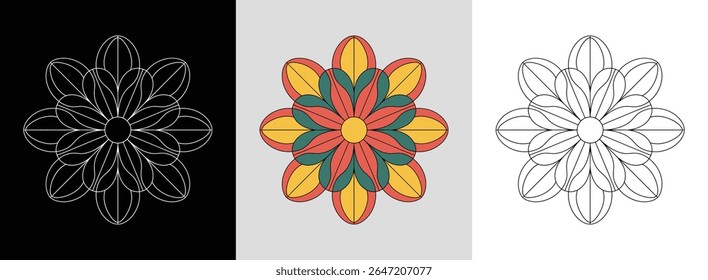 Mandala with symmetrical daffodil petals and vibrant geometric accents for floral decor.