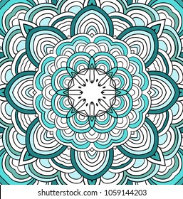 Mandala symmetrical pattern in blue, white and pink colors. Mandala. Kaleidoscopic design.