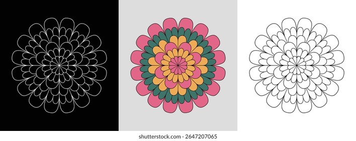 Mandala with symmetrical peony petals and dynamic bright accents for vibrant floral decor.