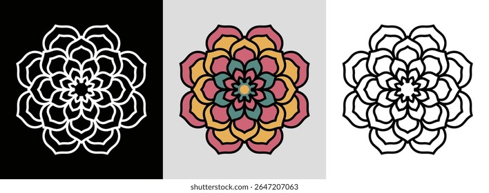 Mandala with symmetrical rose petals and vibrant color accents for romantic floral decor.
