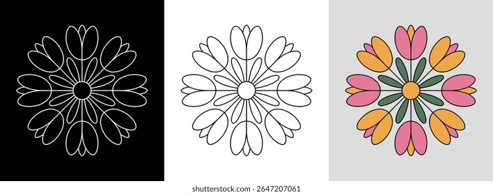 Mandala with symmetrical tulip petals and vibrant segments for bold floral decor.