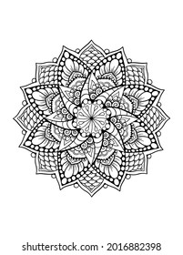 Mandala tattoo design black outline, Mandala adult coloring book page, vector