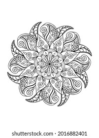 Mandala tattoo design black outline, Mandala adult coloring book page, vector