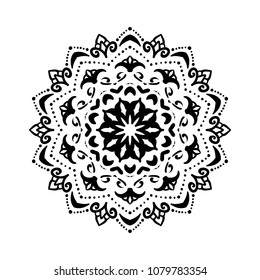 Mandala Tattoo Design Element. Round ornament decoration. Line flower pattern. Stylized floral motif. Chakra symbol for meditation yoga logo. Complex flourish weave medallion. Hand drawn print