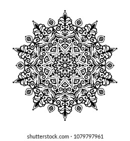 Mandala Tattoo Design Element. Round ornament decoration. Line flower pattern. Stylized floral motif. Chakra symbol for meditation yoga logo. Complex flourish weave medallion. Hand drawn print
