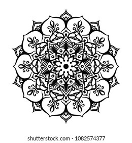 Mandala Tattoo Design Element. Round ornament decoration. Line flower pattern. Stylized floral motif. Chakra symbol for meditation yoga logo. Complex flourish weave medallion. Hand drawn print