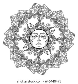Mandala tattoo. Fairytale style sun with a human face surrounded by curly ornate clouds. Decorative element for coloring book textile prints or greeting card design. EPS10 vector illustration