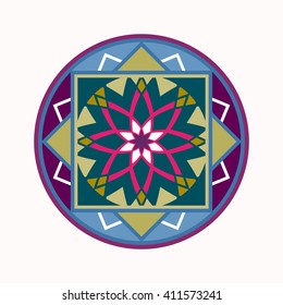 Mandala tattoo icon. Geometric round stylized ornament. Harmony, luck, infinity symbol. Turquoise, blue, violet, white colored. Vector