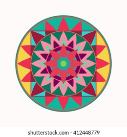 Mandala tattoo icon. Geometric round stylized ornament. Harmony, luck, infinity symbol. Green, red, yellow colored. Vector