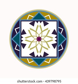 Mandala tattoo icon. Geometric round stylized ornament. Harmony, luck, infinity symbol. Violet, green, white colored. Vector