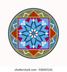 Mandala tattoo icon. Geometric round stylized ornament. Harmony, luck, infinity symbol. Olive, red, blue colored. Vector