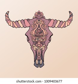 Mandala tattoo style dead cow head. Decorative ornament buffalo skull. Native indian art. Ethnic sketch design. Tribal boho style pattern. Vector illustration.