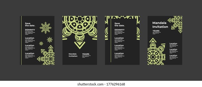 A mandala template with a touch of light green ornaments looks modern and trendy, suitable for invitations and so on
