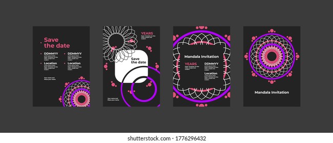 A mandala template with a touch of purple and pink ornaments looks modern and trendy, suitable for invitations and so on