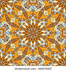 Mandala texture in bright colors. Abstract vector background. Seamless pattern on indian style.