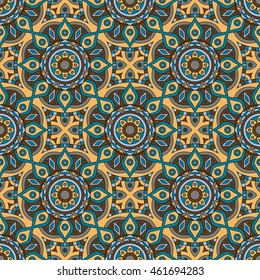 Mandala texture in bright colors. Abstract vector background. Seamless pattern on indian style.
