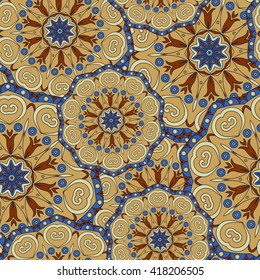 Mandala texture in bright colors. Seamless pattern on indian style. Abstract vector background