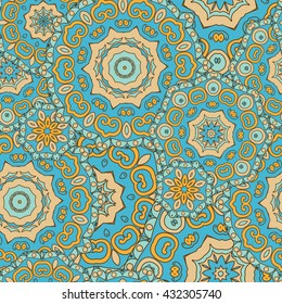 Mandala texture in bright colors. Seamless pattern on indian style. Abstract vector background