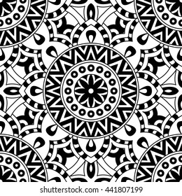 Mandala texture in bright colors. Seamless pattern on indian style. Abstract vector background