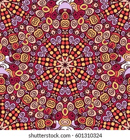Mandala texture in bright colors. Seamless pattern on indian style. Abstract vector background